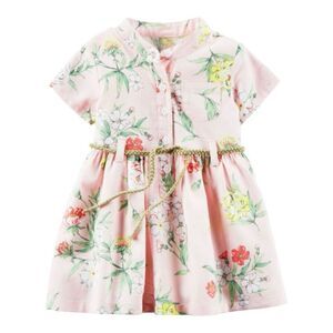 Baby Girls Carters Pink Spring Floral Tie Waist Dress - Sz 9 mo